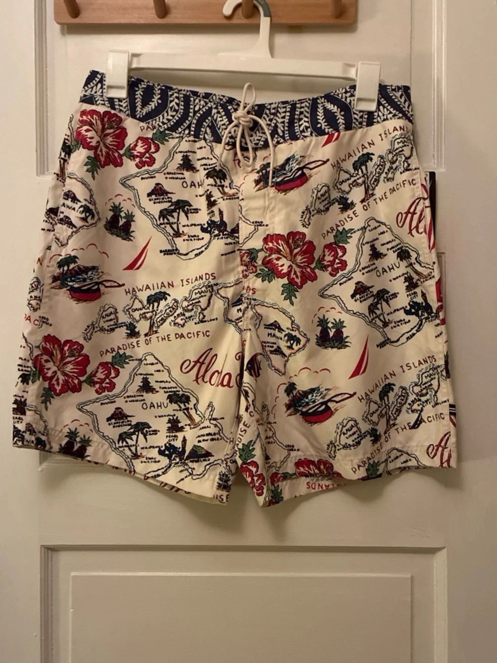 Nautica Cream Swim Hybrids with Red Floral & Navy Map Print